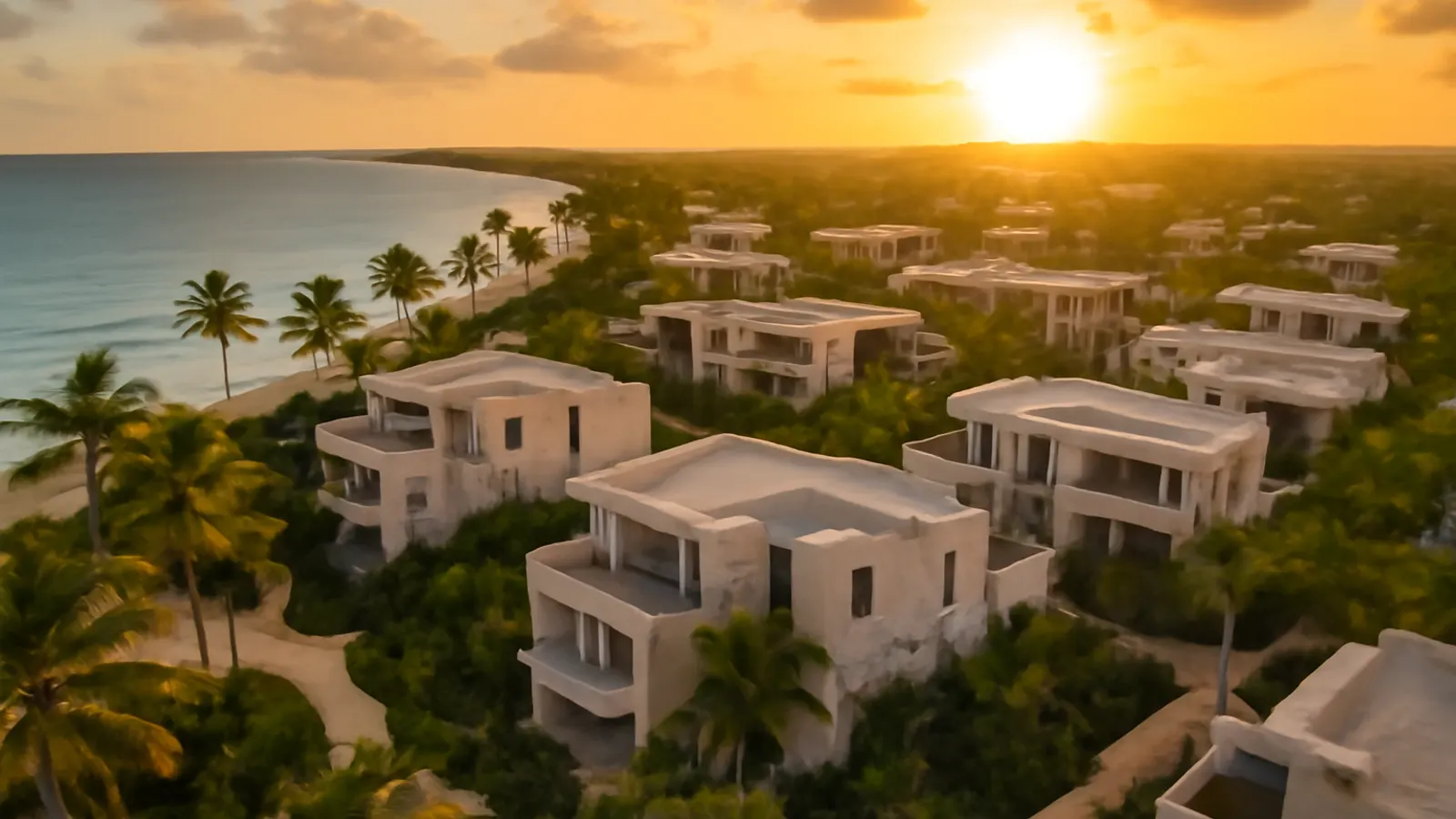 Aerial sunset view of a luxury residential community in Punta Cana with Caribbean architecture, cream travertine stone, exposed concrete, and native vegetation