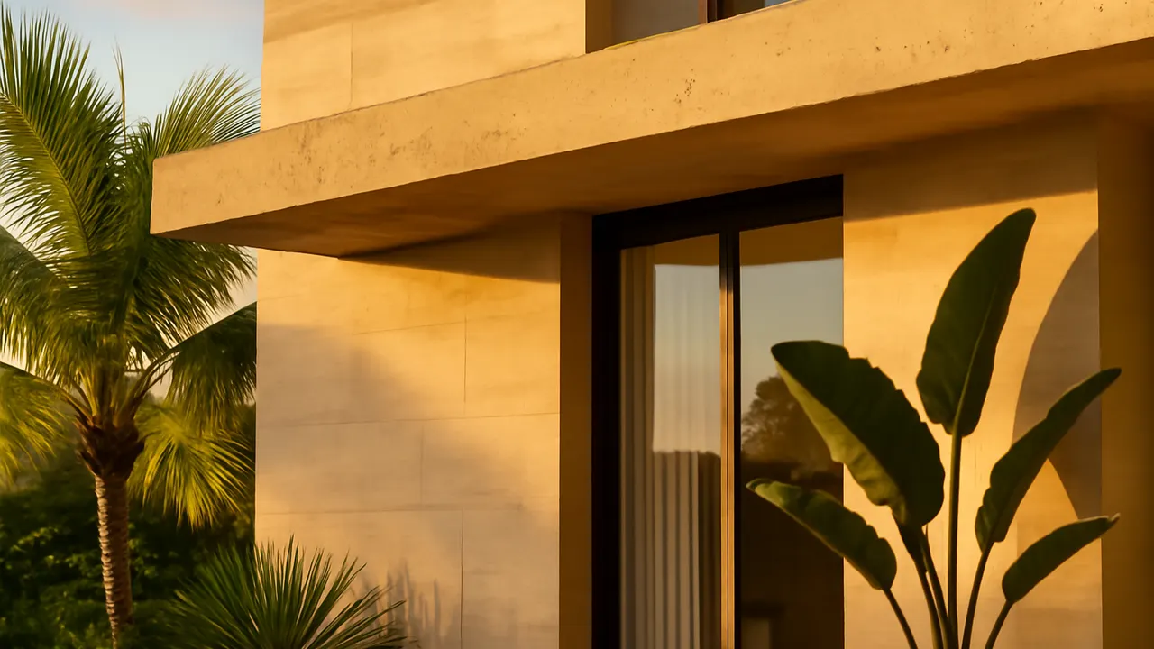 Architectural detail of a vacation rental villa in Punta Cana with cream travertine finishes and exposed concrete, native vegetation, and warm sunset light