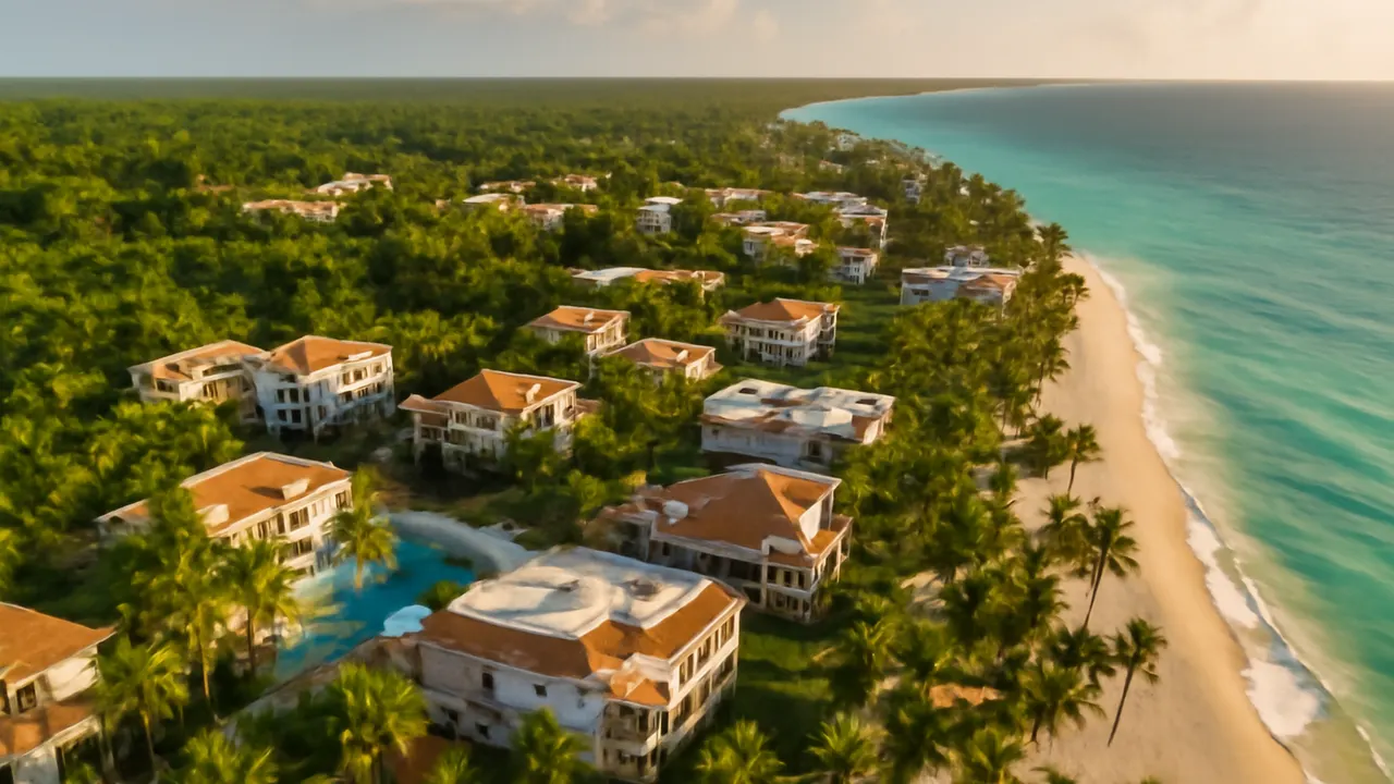 Aerial view of a vacation rental area in Punta Cana with low-rise buildings, native vegetation, and late afternoon light, illustrating occupancy and demand trends