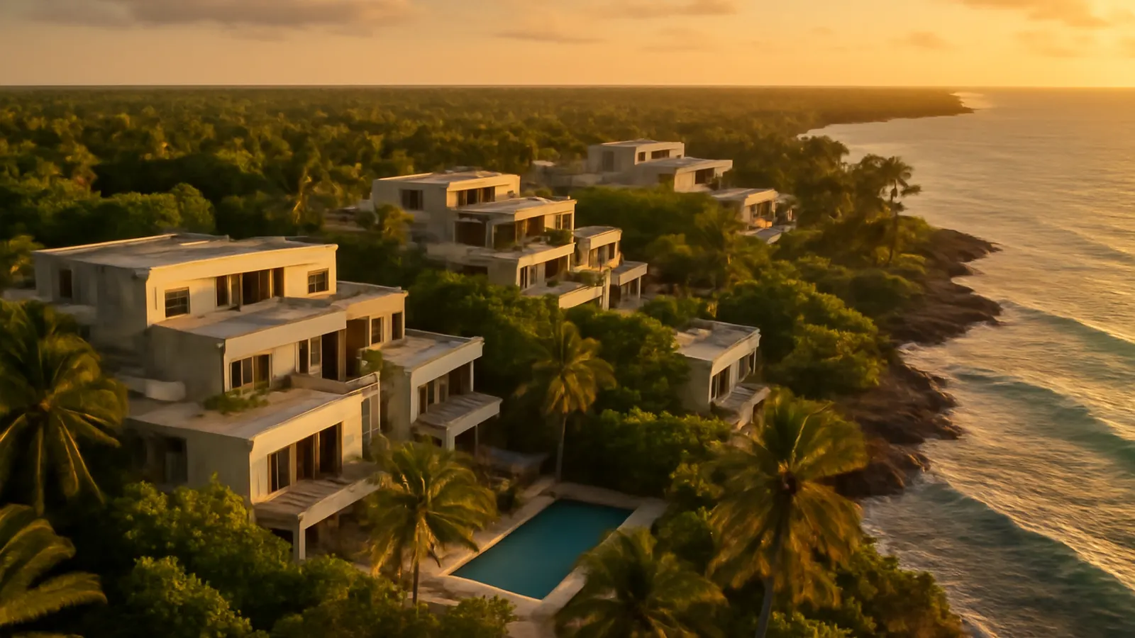 Aerial sunset view of a luxury residential complex in Punta Cana featuring exposed concrete and cream travertine architecture, surrounded by native vegetation, showing human scale and Caribbean atmosphere