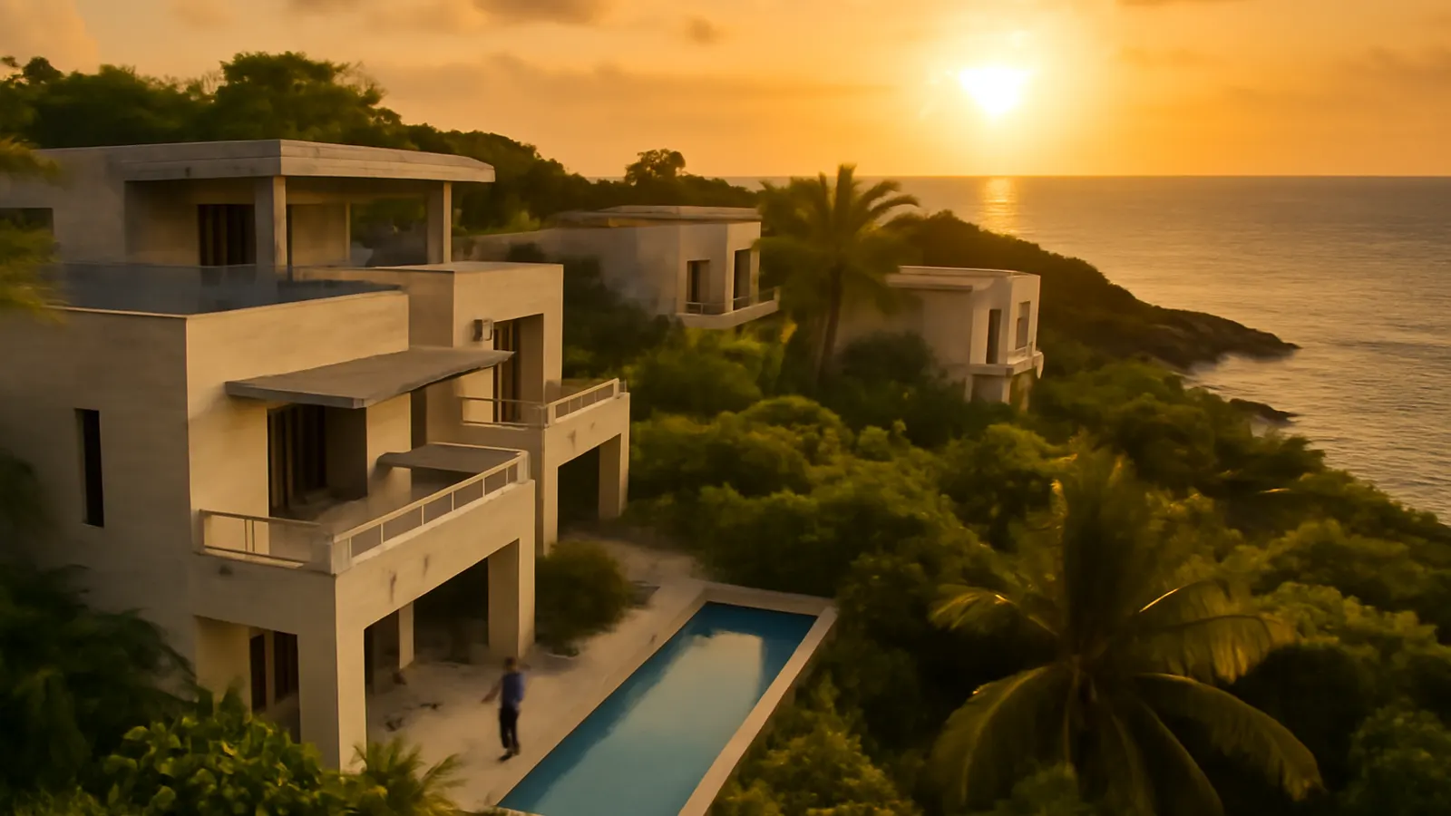 Photorealistic aerial view of luxury property in Punta Cana at sunset, featuring cream travertine facades, exposed concrete, and native vegetation