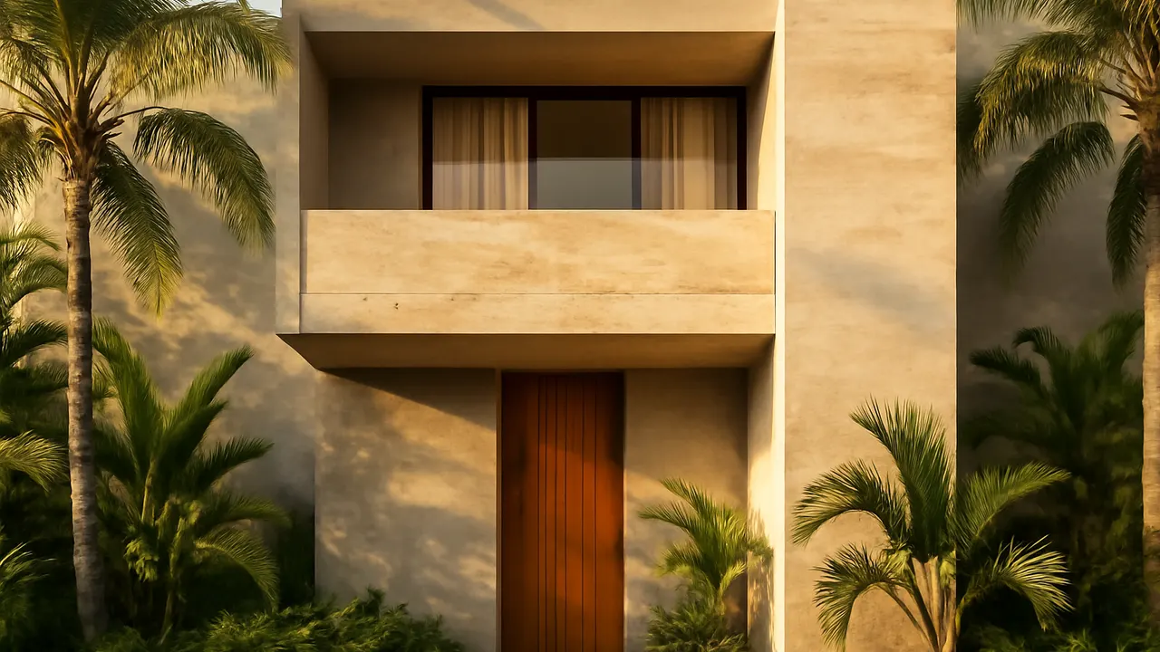 Architectural detail of a modern Caribbean-style facade with exposed concrete and cream travertine, surrounded by native vegetation at sunset
