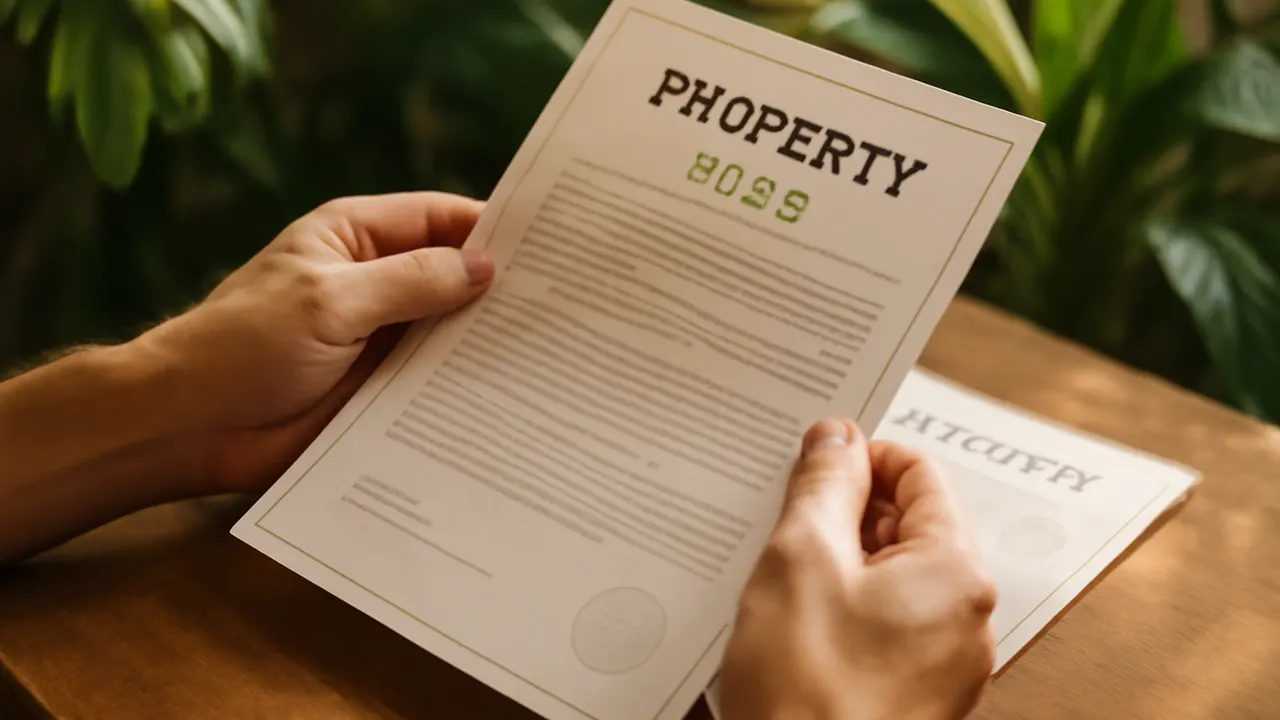 Hands holding official real estate property documents with a background of tropical plants and warm natural light