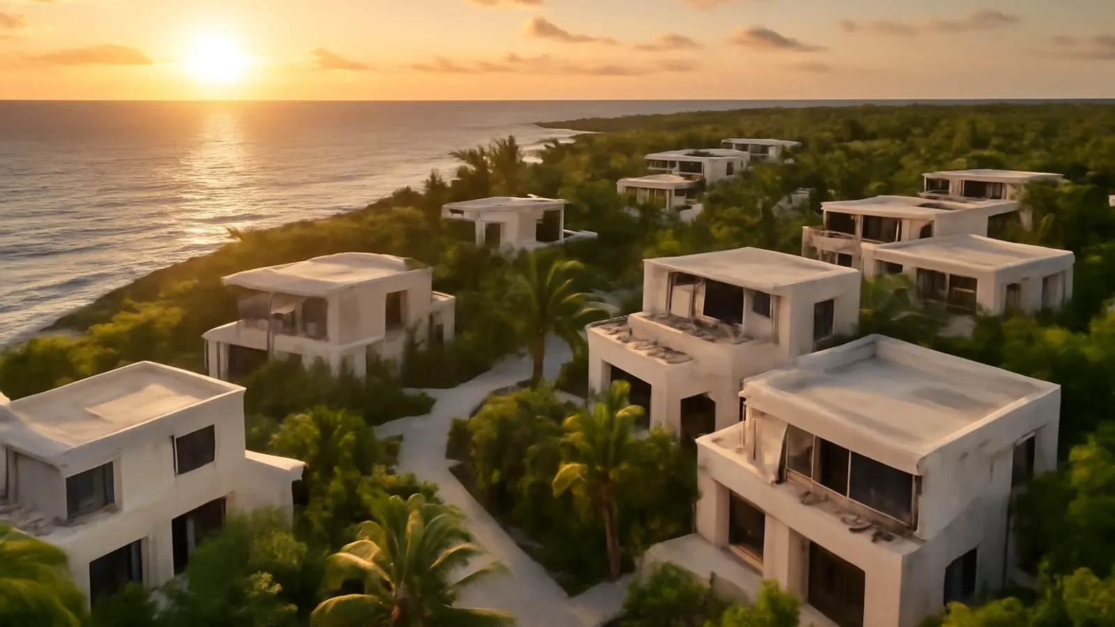Aerial view of a luxury residential area in Punta Cana at sunset, featuring cream travertine and exposed concrete architecture surrounded by native vegetation, warm natural light